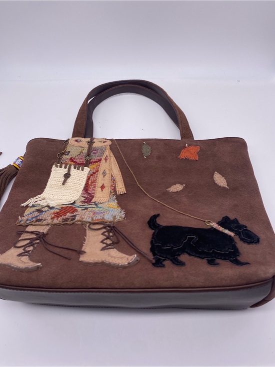 St. John's Bay Handbags - St. John's Bay Brown Suede Shoulder Tote with Girl & Scottie Appliqué